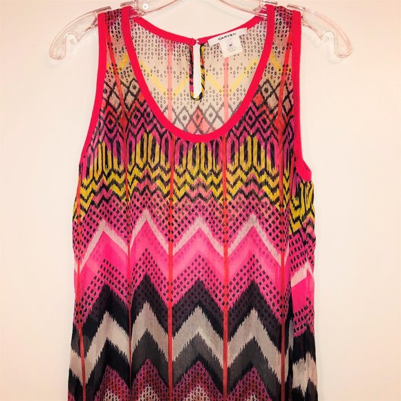 Vintage Carven Silk Chiffon Pink Print Knit Trim Long Sleeveless Top Oversized - Picture 5 of 12